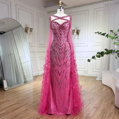 2025 Ladies Wedding Party Fuchsia Elegant Cape Sleeve Mermaid Luxury Beaded Feather Evening Dress Long Dress LA72286
