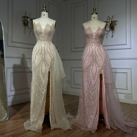 2025 Light Pink Spaghetti Strap Evening Dresses Gowns Mermaid Beaded Elegant Overskirt For Women Party LA72378A