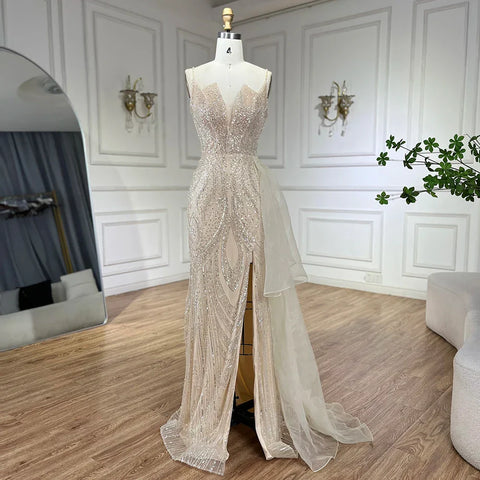 2025 Light Pink Spaghetti Strap Evening Dresses Gowns Mermaid Beaded Elegant Overskirt For Women Party LA72378A