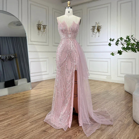 2025 Light Pink Spaghetti Strap Evening Dresses Gowns Mermaid Beaded Elegant Overskirt For Women Party LA72378A