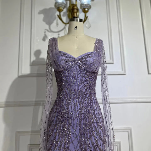 Lilac Mermaid Luxury Dubai Evening Dresses with Cape Sleeves LA72697