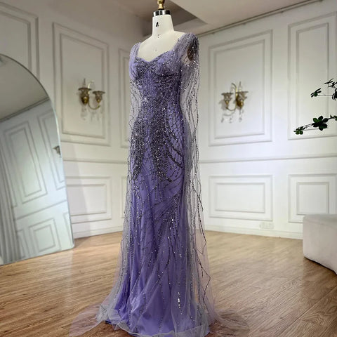 Lilac Mermaid Luxury Dubai Evening Dresses with Cape Sleeves LA72697