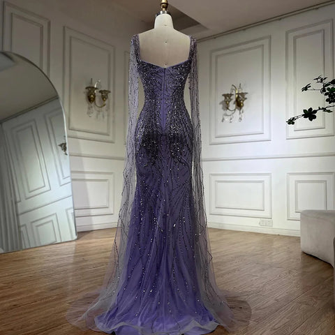 Lilac Mermaid Luxury Dubai Evening Dresses with Cape Sleeves LA72697