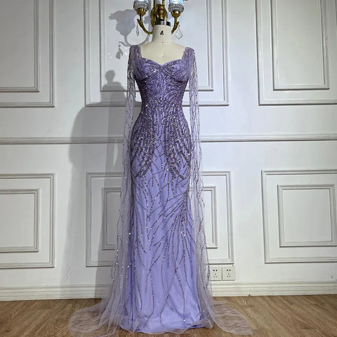 Lilac Mermaid Luxury Dubai Evening Dresses with Cape Sleeves LA72697