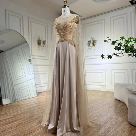 2025 Nude Cape Sleeves Satin A Line Lace Beaded Luxury Dubai Evening Dresses Gowns for Women Wedding Party LA72702