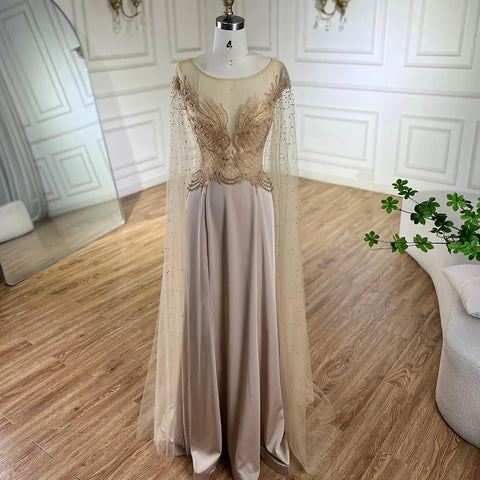 2025 Nude Cape Sleeves Satin A Line Lace Beaded Luxury Dubai Evening Dresses Gowns for Women Wedding Party LA72702