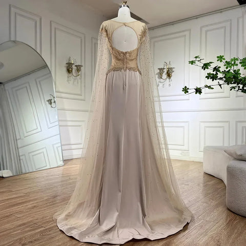 2025 Nude Cape Sleeves Satin A Line Lace Beaded Luxury Dubai Evening Dresses Gowns for Women Wedding Party LA72702