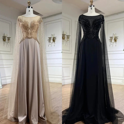 2025 Nude Cape Sleeves Satin A Line Lace Beaded Luxury Dubai Evening Dresses Gowns for Women Wedding Party LA72702