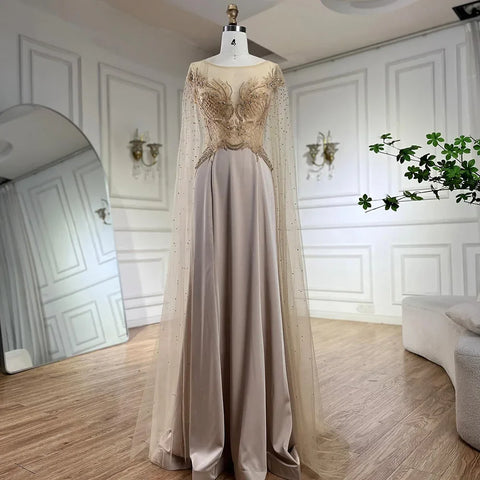 2025 Nude Cape Sleeves Satin A Line Lace Beaded Luxury Dubai Evening Dresses Gowns for Women Wedding Party LA72702