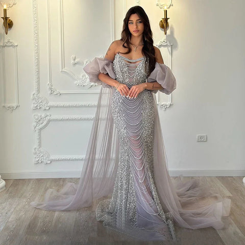 Lilac Vintage Evening Gown Half Puff Sleeve Dress with Beaded Pearl Cape Jacket LA72653