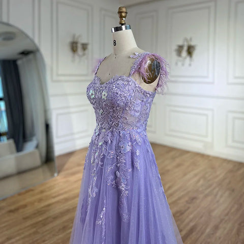 2025 Lilac Spaghetti Strap Lace-Up Back A-Line Appliques Feathers Prom Dress for Women | Wedding Party LA72623