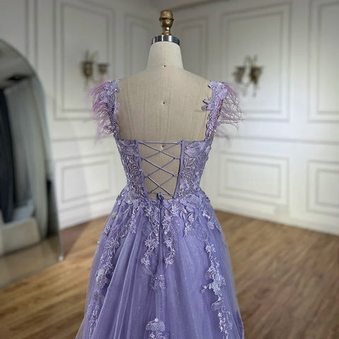 2025 Lilac Spaghetti Strap Lace-Up Back A-Line Appliques Feathers Prom Dress for Women | Wedding Party LA72623