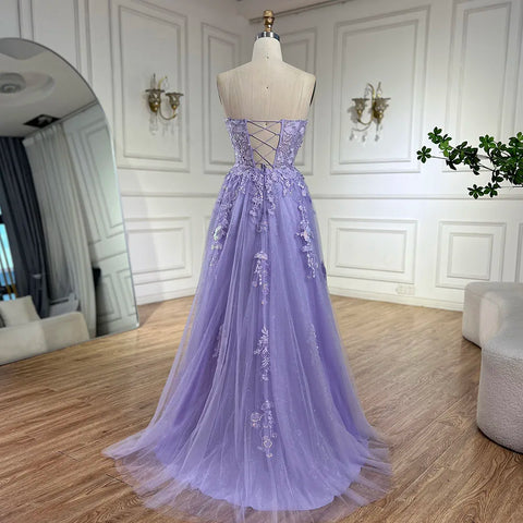 2025 Lilac Spaghetti Strap Lace-Up Back A-Line Appliques Feathers Prom Dress for Women | Wedding Party LA72623