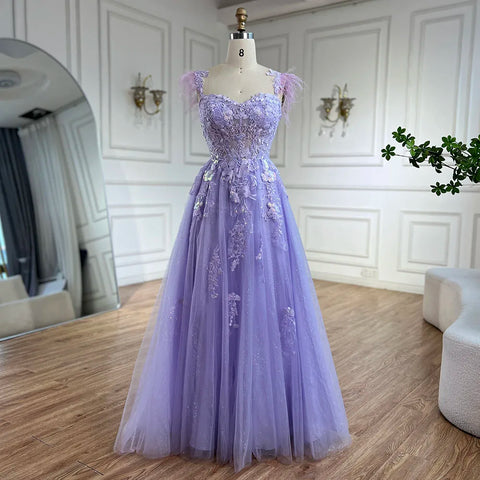 2025 Lilac Spaghetti Strap Lace-Up Back A-Line Appliques Feathers Prom Dress for Women | Wedding Party LA72623