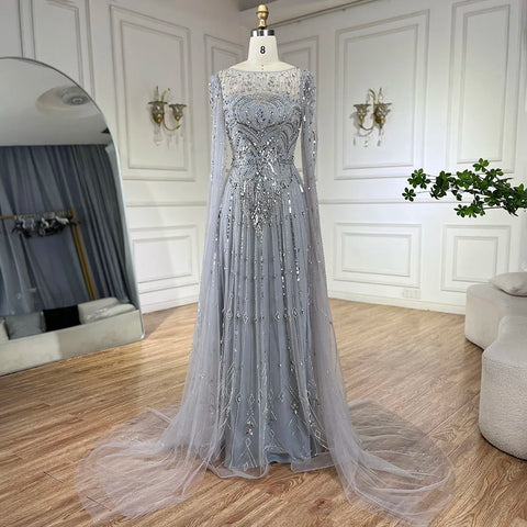 2025 Luxury Dubai Blue Cape Sleeves Alina Beaded Stone Arabic Evening Gowns for Women Wedding Party LA72635