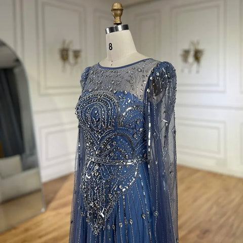 2025 Luxury Dubai Blue Cape Sleeves Alina Beaded Stone Arabic Evening Gowns for Women Wedding Party LA72635