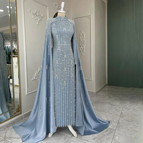 2025 Luxury Dubai Blue Muslim Mermaid Beaded Evening Gowns with Cape Sleeves for Women's Party LA72533