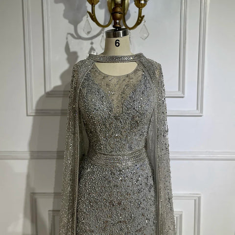 2025 Luxury Dubai Gray Arabic Mermaid Beaded Evening Gowns with Detachable Long Cape for Women's Party LA72180