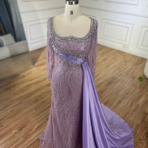 2025 Luxury Dubai Lilac  Mermaid Dress with Satin Overskirt Beaded Evening Gown for Women Wedding Party LA72534