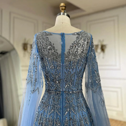 Robe de soirée bleue de luxe à manches cape LA72666