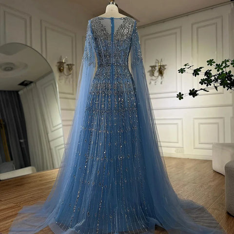 Robe de soirée bleue de luxe à manches cape LA72666