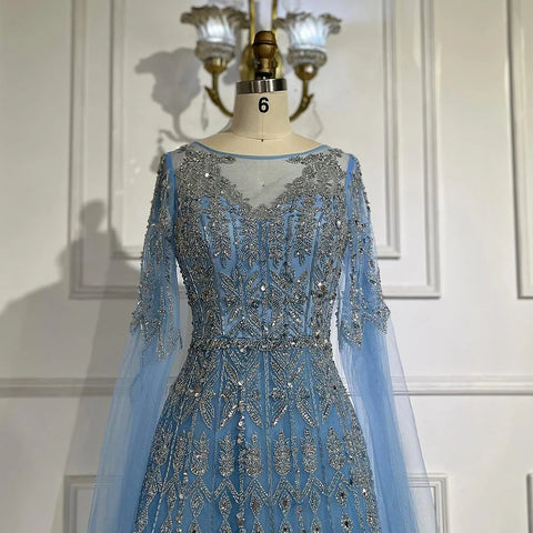 Robe de soirée bleue de luxe à manches cape LA72666