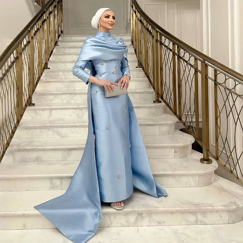 2025 Muslim Blue Mermaid Beaded Satin Luxury Saudi Evening Dress Gown Overlay Skirt for Formal Occasion LA72414M