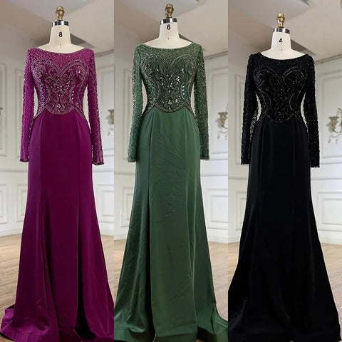 2025 Muslim Elegant Green Satin Mermaid Beaded Luxury Dubai Evening Gown for Women's Party LA72700