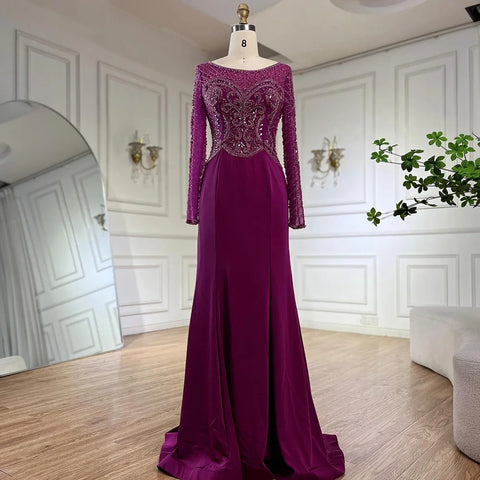 2025 Muslim Elegant Green Satin Mermaid Beaded Luxury Dubai Evening Gown for Women's Party LA72700