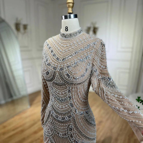 Muslim Nude Elegant Mermaid High Split Beaded Luxury Evening Dress Gown LA72091L