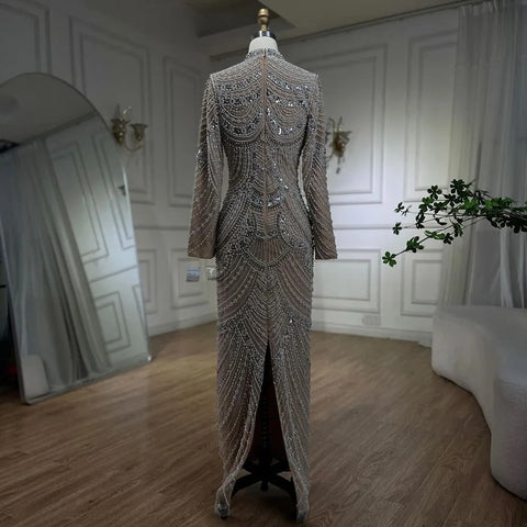 Muslim Nude Elegant Mermaid High Split Beaded Luxury Evening Dress Gown LA72091L