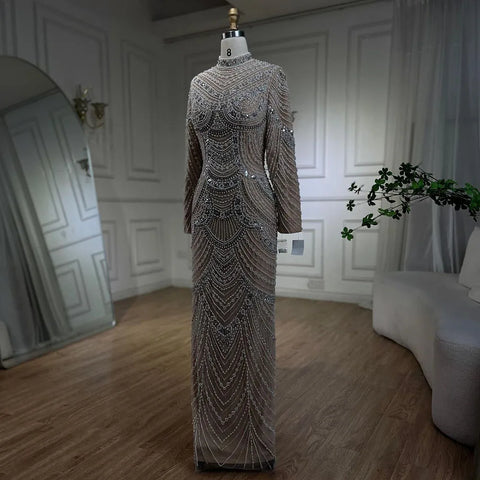 Muslim Nude Elegant Mermaid High Split Beaded Luxury Evening Dress Gown LA72091L