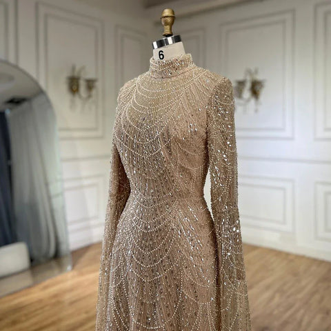 2025 Muslim Nude Mermaid Cape Sleeves Luxury Dubai Evening Gown Pearls Beaded Dress for Women's Party LA72591 Plush Size