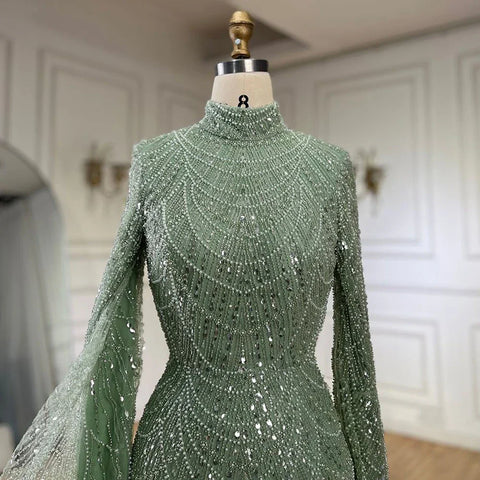 2025 Muslim Nude Mermaid Cape Sleeves Luxury Dubai Evening Gown Pearls Beaded Dress for Women's Party LA72591 Plush Size