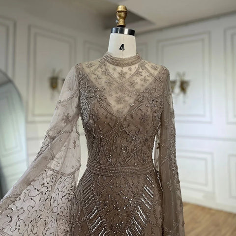 2025 Muslim Nude Mermaid Elegant Bell Sleeve Beaded Luxury Dubai Long Evening Dress for Formal Occasion LA72316A