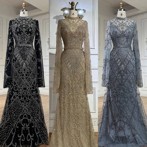 2025 Muslim Nude Mermaid Elegant Bell Sleeve Beaded Luxury Dubai Long Evening Dress for Formal Occasion LA72316A