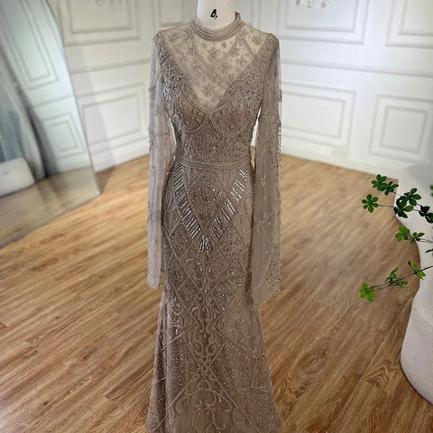 2025 Muslim Nude Mermaid Elegant Bell Sleeve Beaded Luxury Dubai Long Evening Dress for Formal Occasion LA72316A