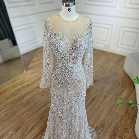 Luxury Dubai White Nude Mermaid Evening Dresses Long Sleeve LA72634