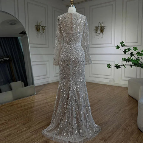 Luxury Dubai White Nude Mermaid Evening Dresses Long Sleeve LA72634