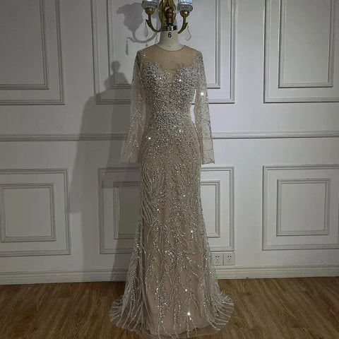 Luxury Dubai White Nude Mermaid Evening Dresses Long Sleeve LA72634