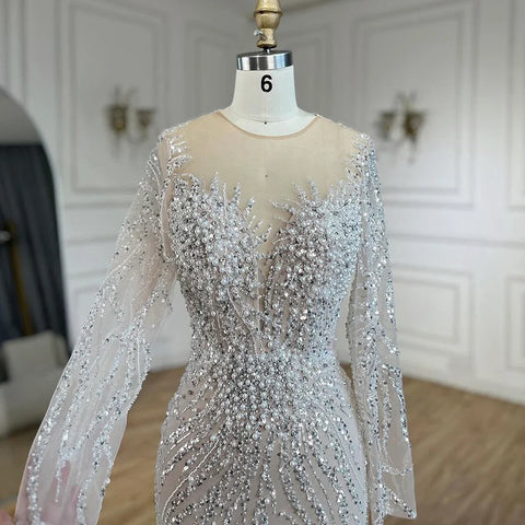 Luxury Dubai White Nude Mermaid Evening Dresses Long Sleeve LA72634