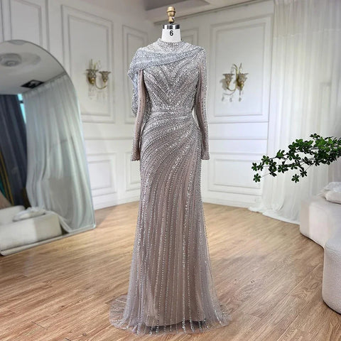Muslim Silver Nude Beaded Sparkle Luxury Mermaid Evening Dress Gown LA70752H