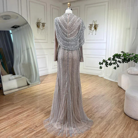 Muslim Silver Nude Beaded Sparkle Luxury Mermaid Evening Dress Gown LA70752H