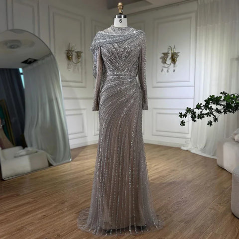 Muslim Silver Nude Beaded Sparkle Luxury Mermaid Evening Dress Gown LA70752H