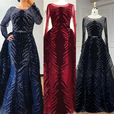 2025 Muslim Velvet Fabric Mermaid Luxury Blue Evening Dresses Dress With Skirt Formal Dress Plus Size LA60914