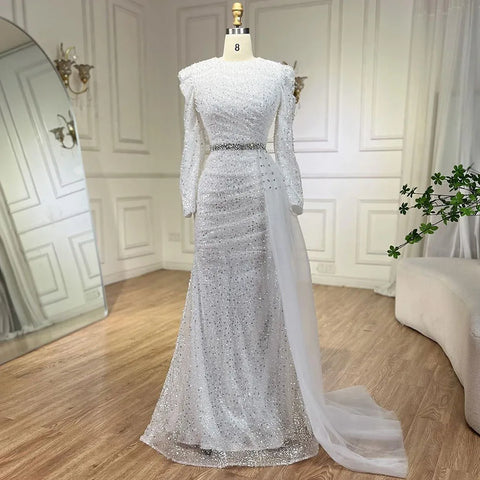 2025 Muslim White With Overskirt Elegant Mermaid Beaded Dresses Evening Dresses Gowns for Women Wedding Party LA72346