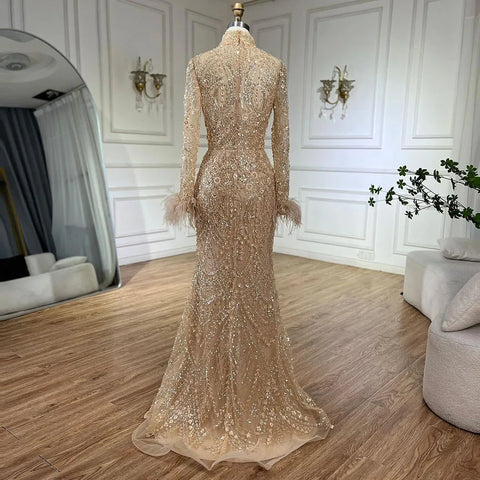 2025 Muslim Women Wedding Party Dubai Gowns Gold Luxury Beaded Feathers Mermaid Long Evening Dresses LA72546