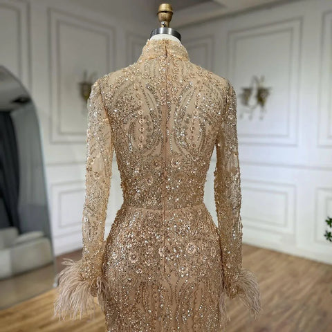 2025 Muslim Women Wedding Party Dubai Gowns Gold Luxury Beaded Feathers Mermaid Long Evening Dresses LA72546