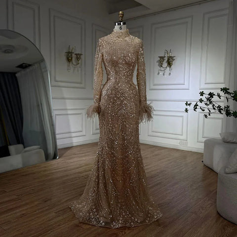 2025 Muslim Women Wedding Party Dubai Gowns Gold Luxury Beaded Feathers Mermaid Long Evening Dresses LA72546