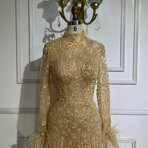 2025 Muslim Women Wedding Party Dubai Gowns Gold Luxury Beaded Feathers Mermaid Long Evening Dresses LA72546